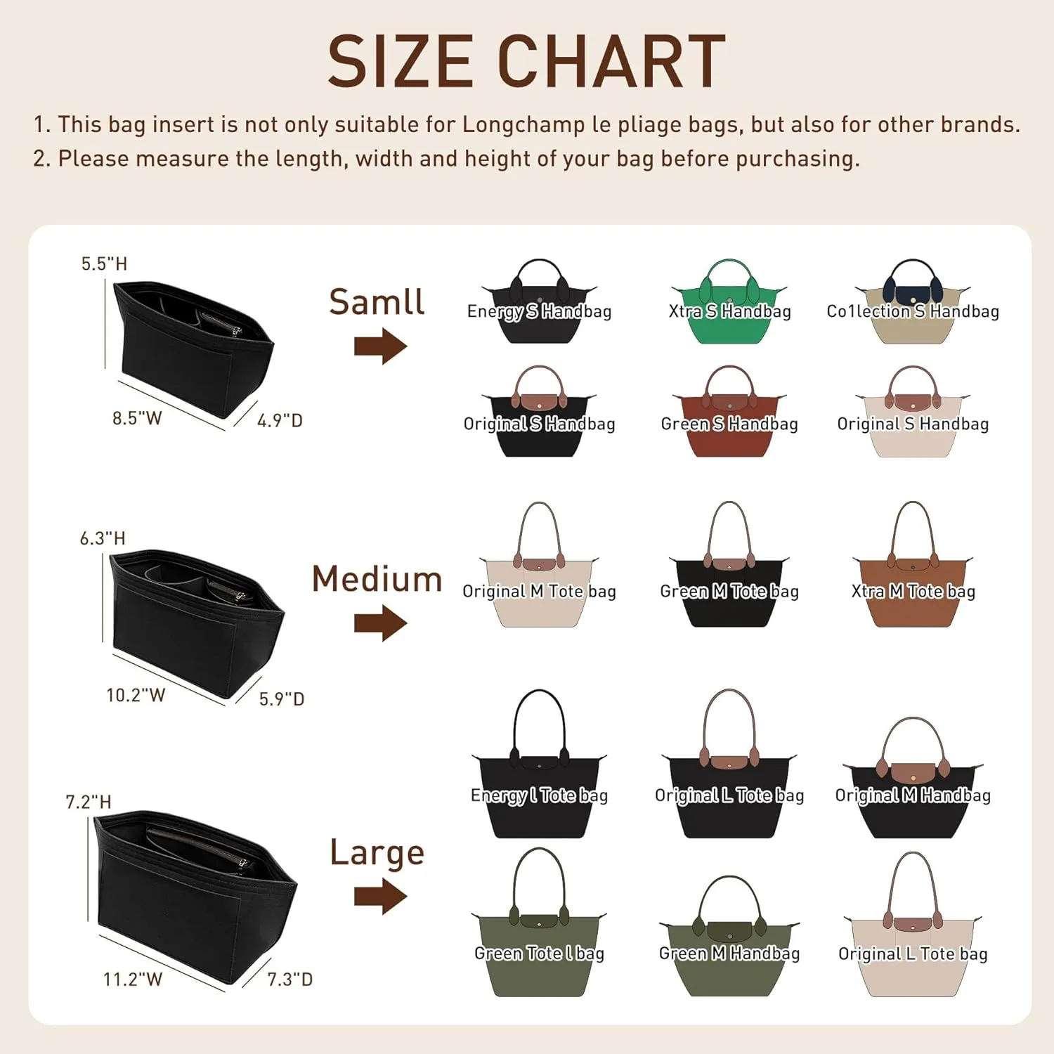 Doxo Purse Organizer Insert Compatible with Longchamp Le Pliage Large and More, Bag Organizer Insert with Cup Holder, 8 Compartments(Dark Blue，L)