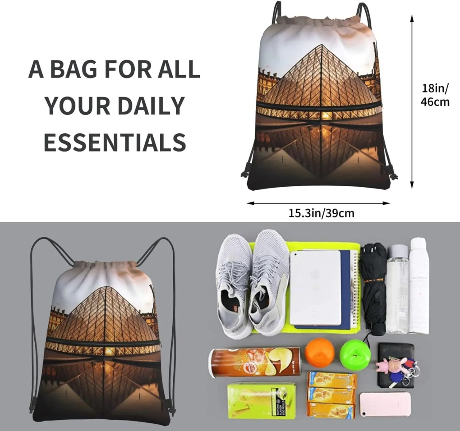 Drawstring Bag Gym Sack Drawstring Backpack Sport Gym Sack Cinch Bag Anime Owl Sport Bags for Travel, Louvre Museum in Paris, One Size