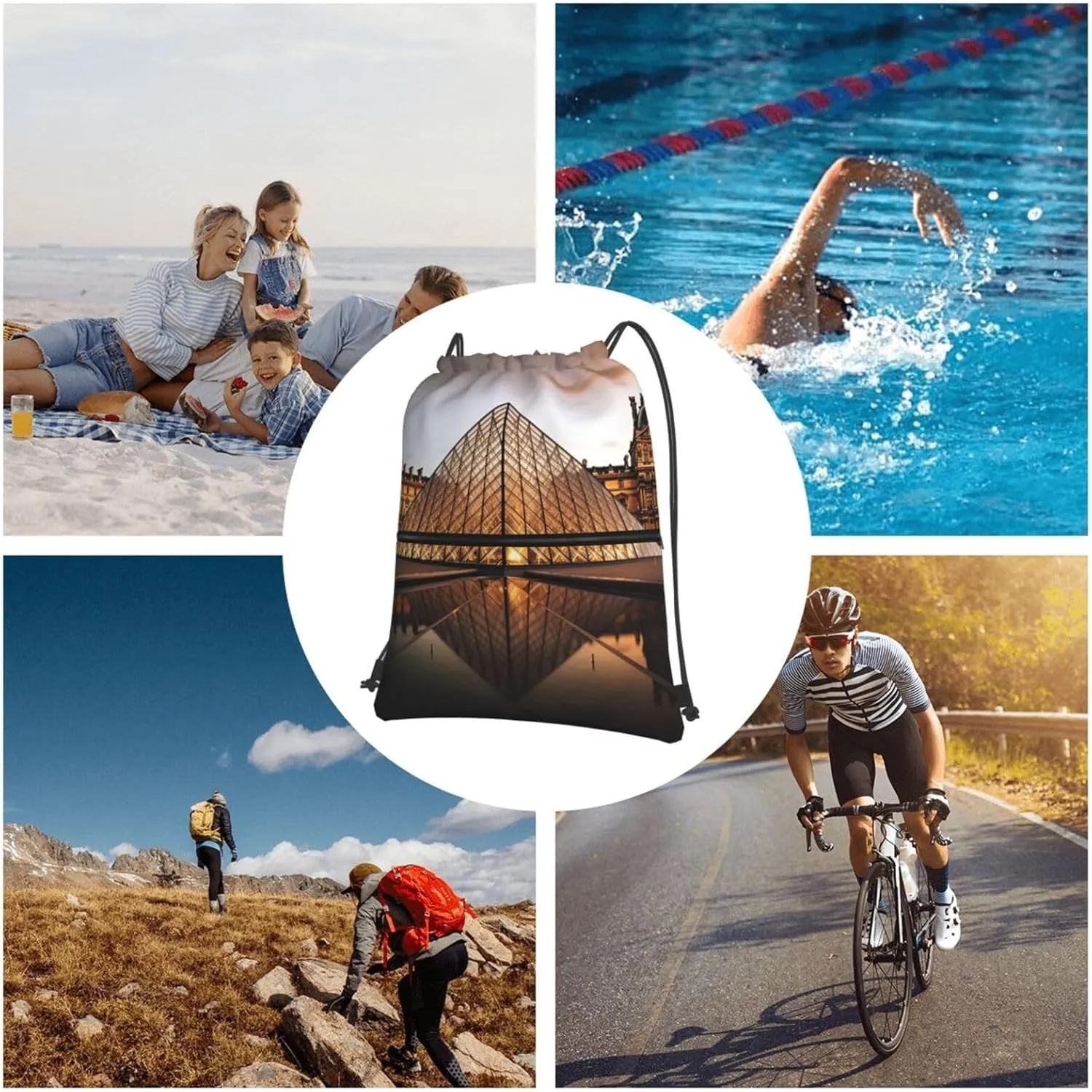 Drawstring Bag Gym Sack Drawstring Backpack Sport Gym Sack Cinch Bag Anime Owl Sport Bags for Travel, Louvre Museum in Paris, One Size
