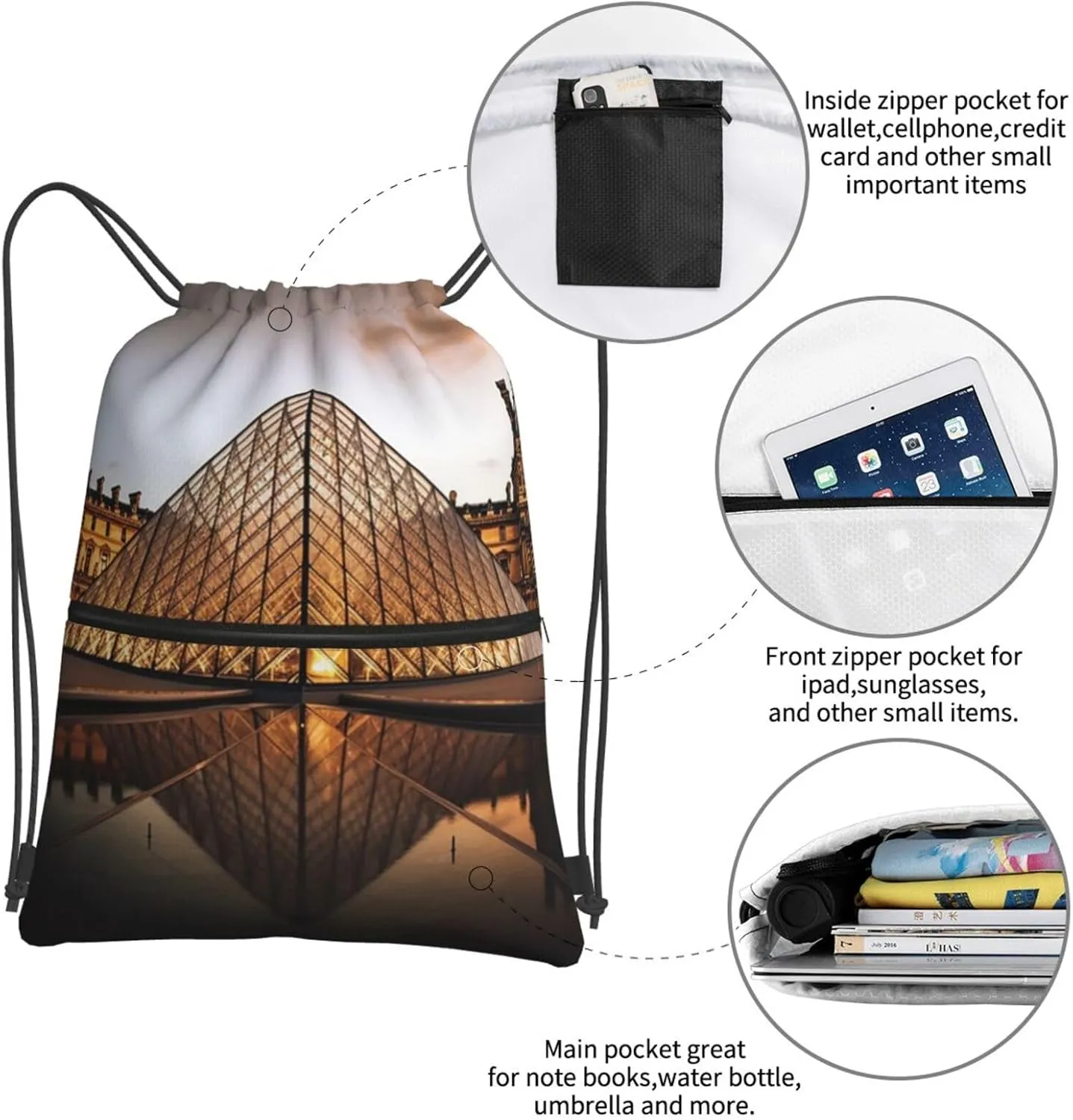 Drawstring Bag Gym Sack Drawstring Backpack Sport Gym Sack Cinch Bag Anime Owl Sport Bags for Travel, Louvre Museum in Paris, One Size
