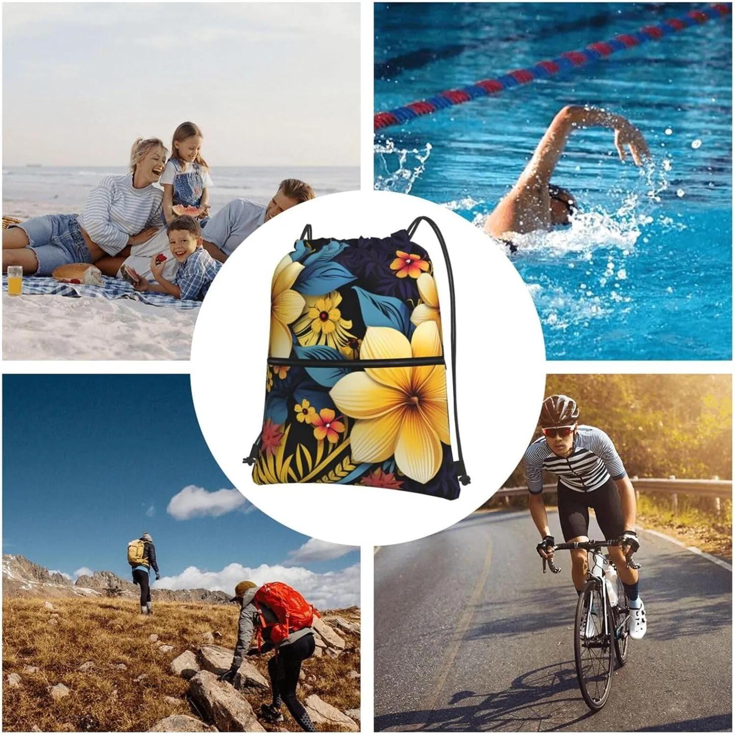 Drawstring Bag Gym Sack Drawstring Backpack Sport Gym Sack Cinch Bag Two Giraffes Face to Face Sport Bags for Travel, Flower Pattern, One Size