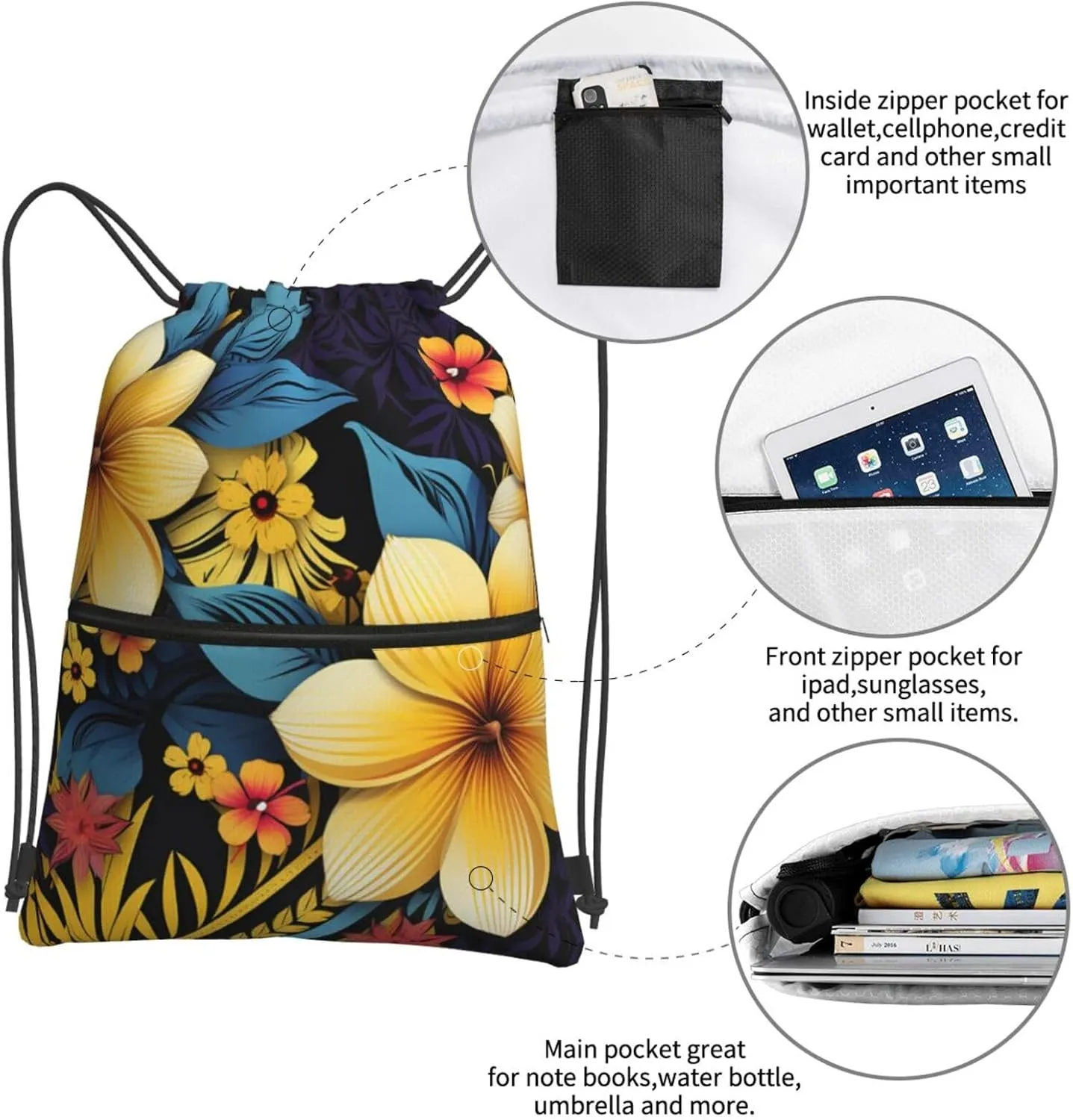 Drawstring Bag Gym Sack Drawstring Backpack Sport Gym Sack Cinch Bag Two Giraffes Face to Face Sport Bags for Travel, Flower Pattern, One Size