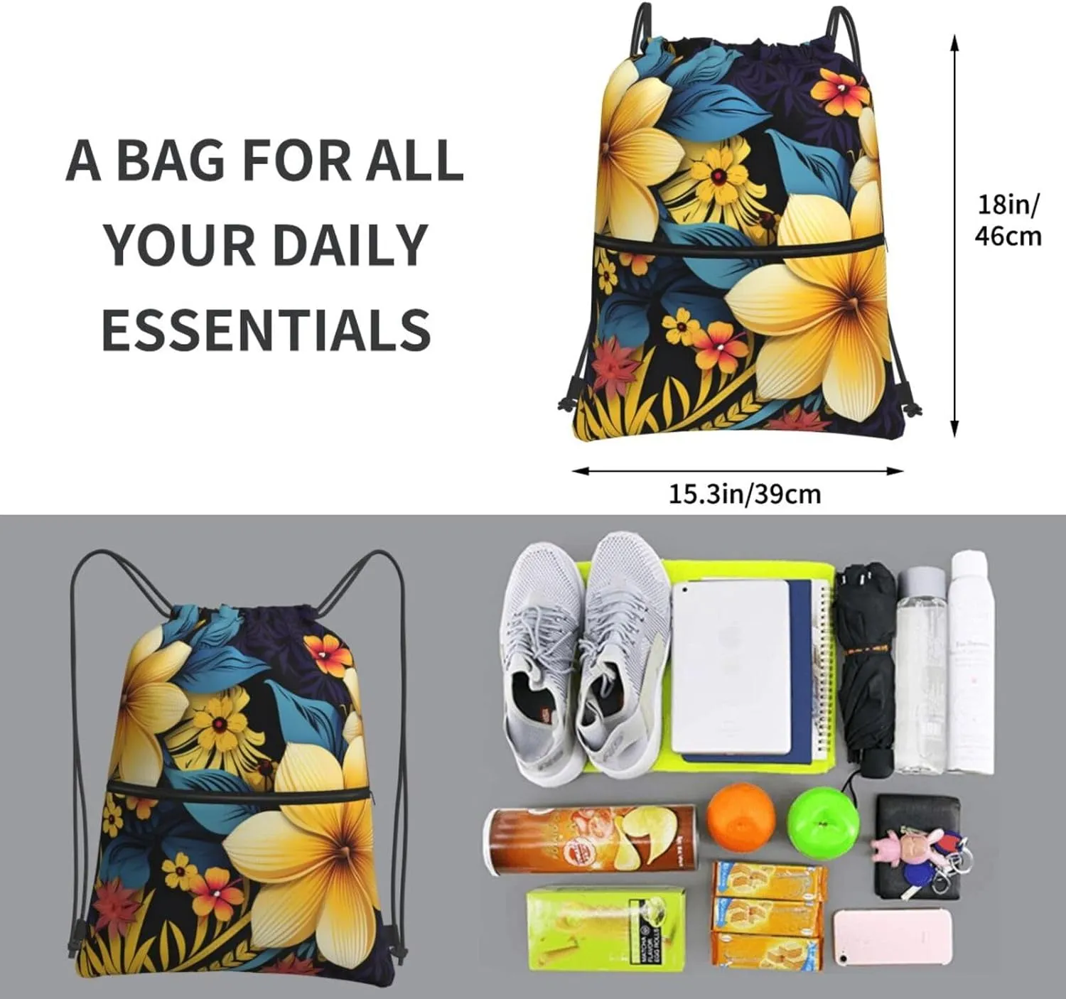 Drawstring Bag Gym Sack Drawstring Backpack Sport Gym Sack Cinch Bag Two Giraffes Face to Face Sport Bags for Travel, Flower Pattern, One Size