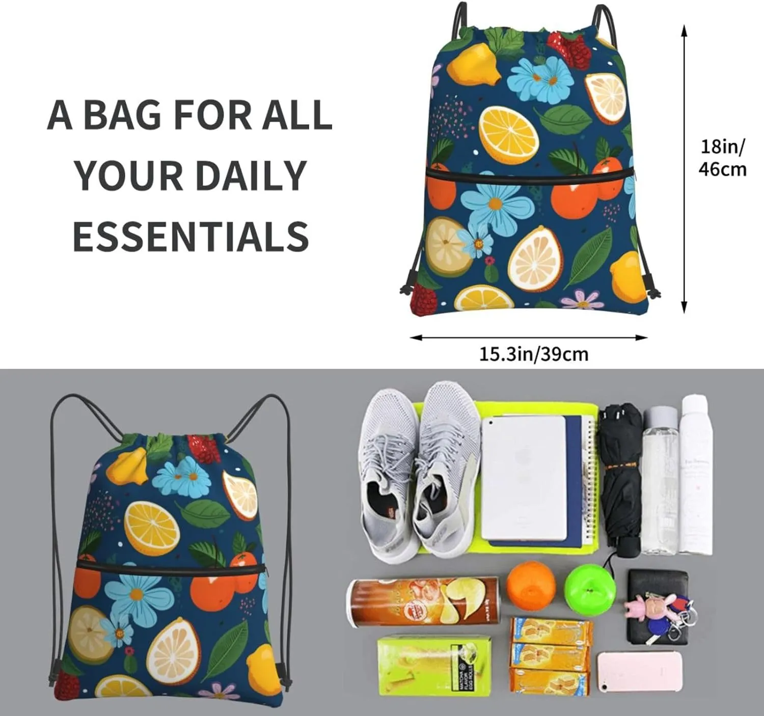 Drawstring Bag Gym Sack Drawstring Backpack Sport Gym Sack Cinch Bag Two Giraffes Face to Face Sport Bags for Travel, Fruits and Flowers, One Size