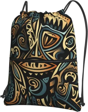 Drawstring Bag Gym Sack Drawstring Backpack Sport Gym Sack Cinch Bag Two Giraffes Face to Face Sport Bags for Travel, Tribal Abstract, One Size