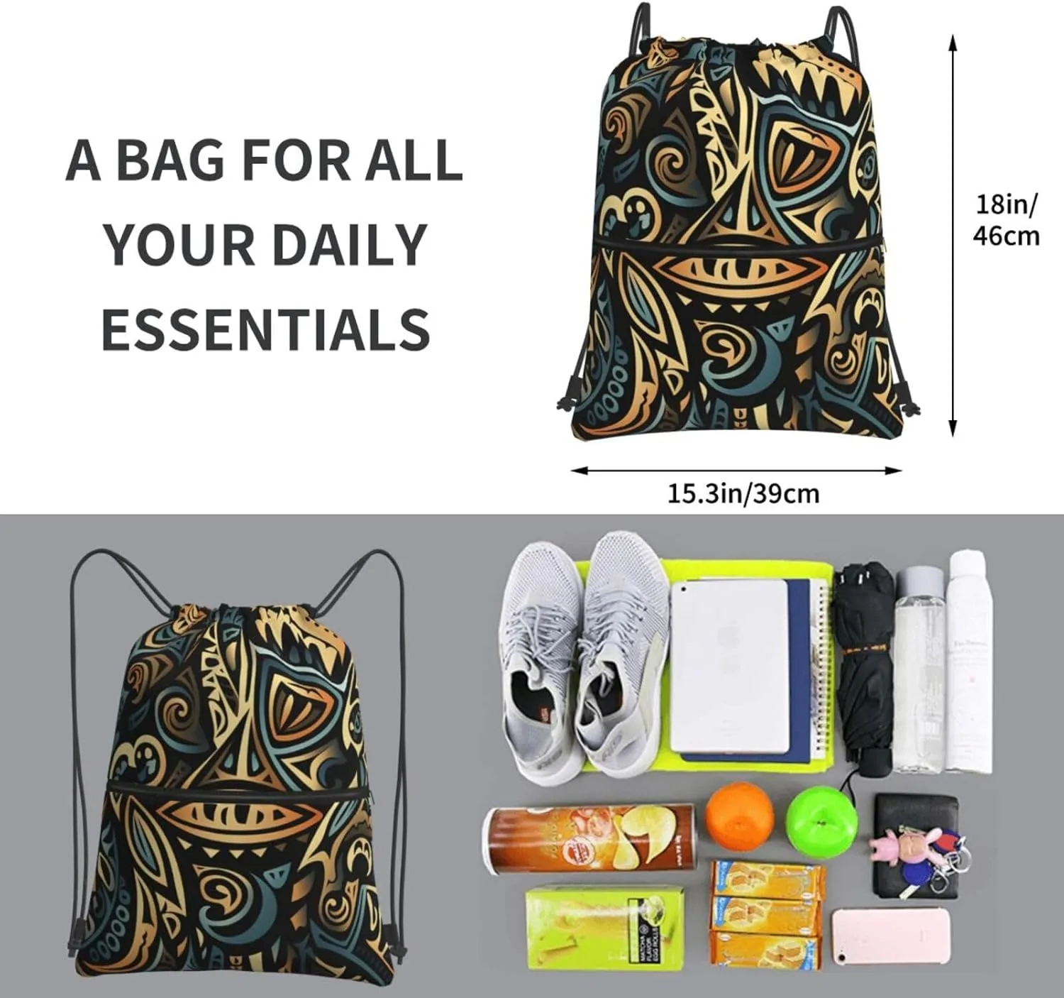 Drawstring Bag Gym Sack Drawstring Backpack Sport Gym Sack Cinch Bag Two Giraffes Face to Face Sport Bags for Travel, Tribal Abstract, One Size