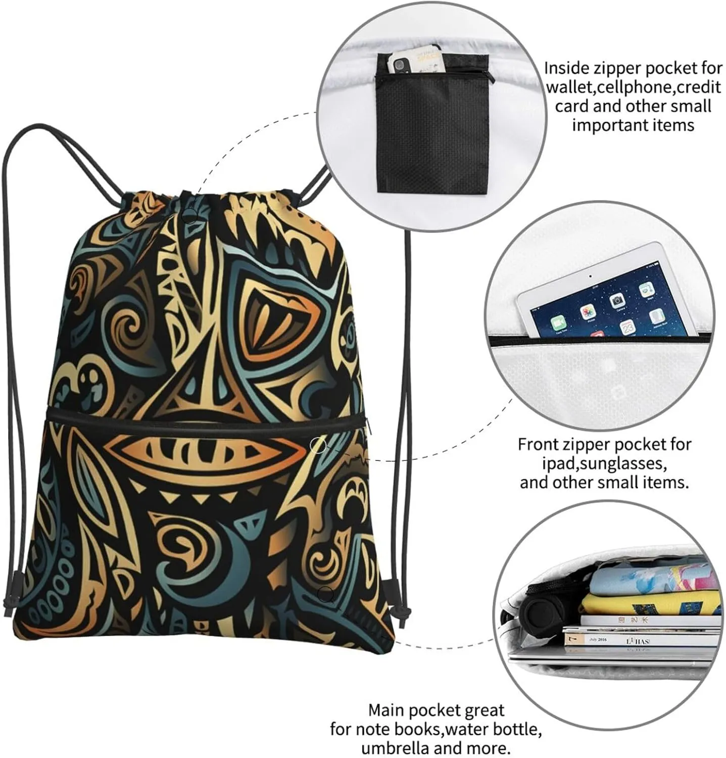 Drawstring Bag Gym Sack Drawstring Backpack Sport Gym Sack Cinch Bag Two Giraffes Face to Face Sport Bags for Travel, Tribal Abstract, One Size
