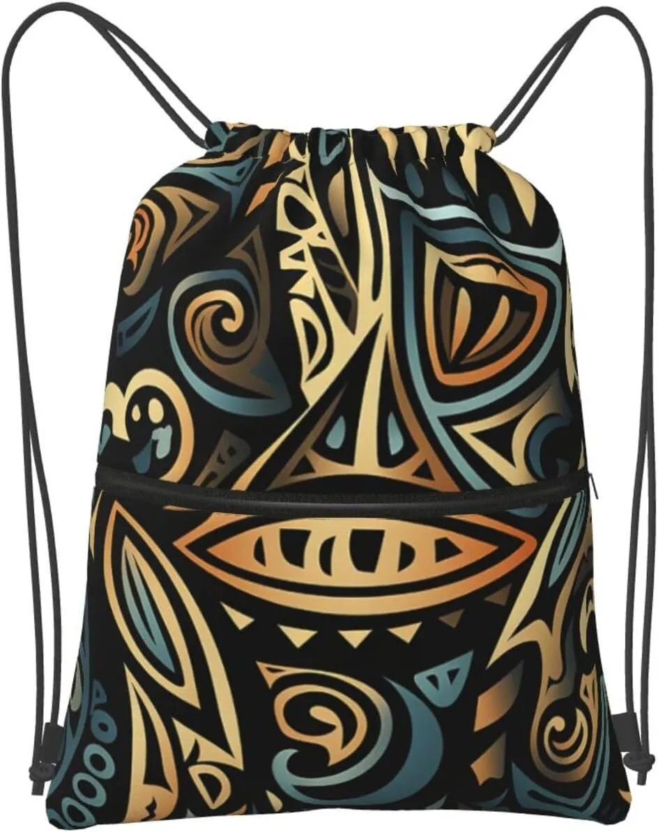 Drawstring Bag Gym Sack Drawstring Backpack Sport Gym Sack Cinch Bag Two Giraffes Face to Face Sport Bags for Travel, Tribal Abstract, One Size