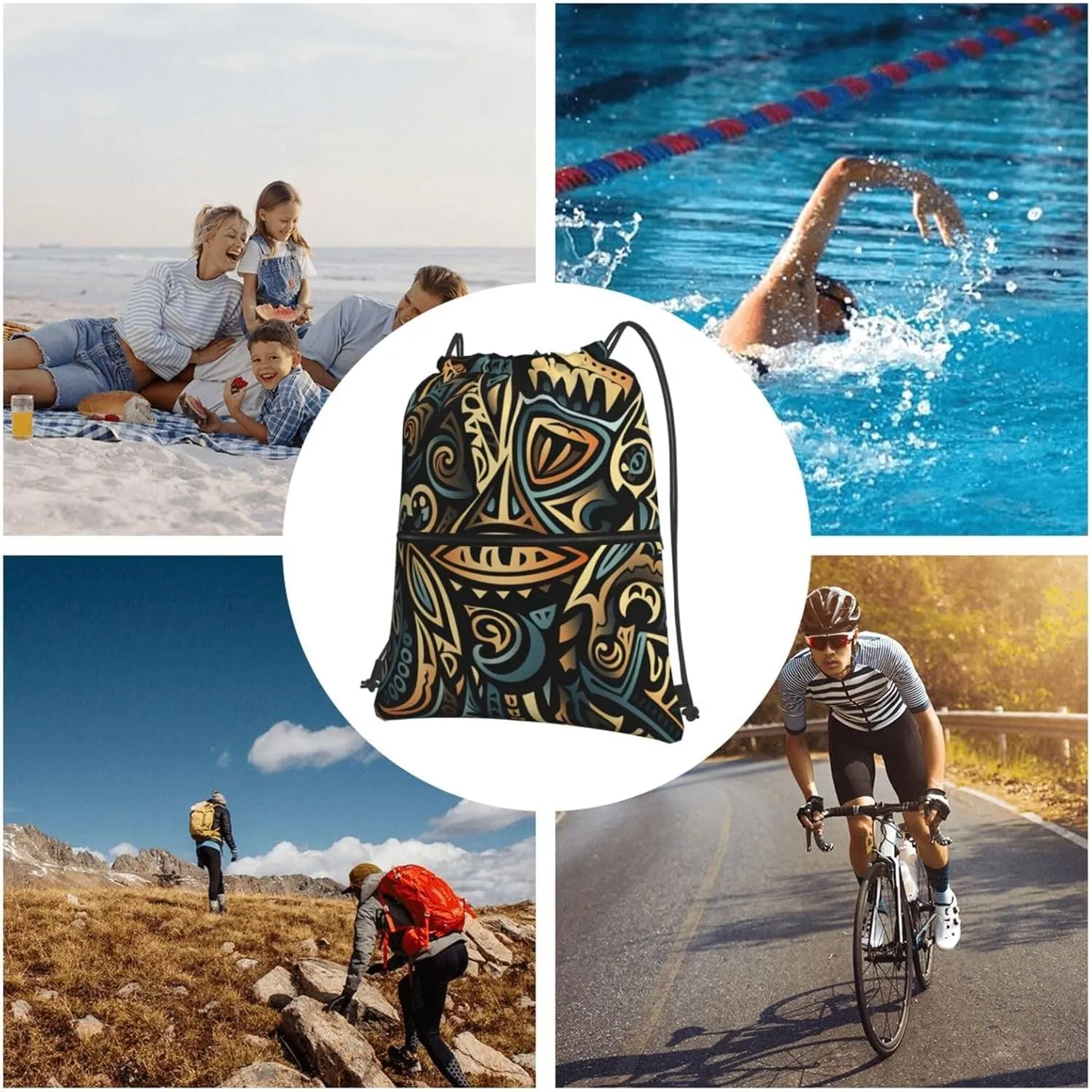 Drawstring Bag Gym Sack Drawstring Backpack Sport Gym Sack Cinch Bag Two Giraffes Face to Face Sport Bags for Travel, Tribal Abstract, One Size