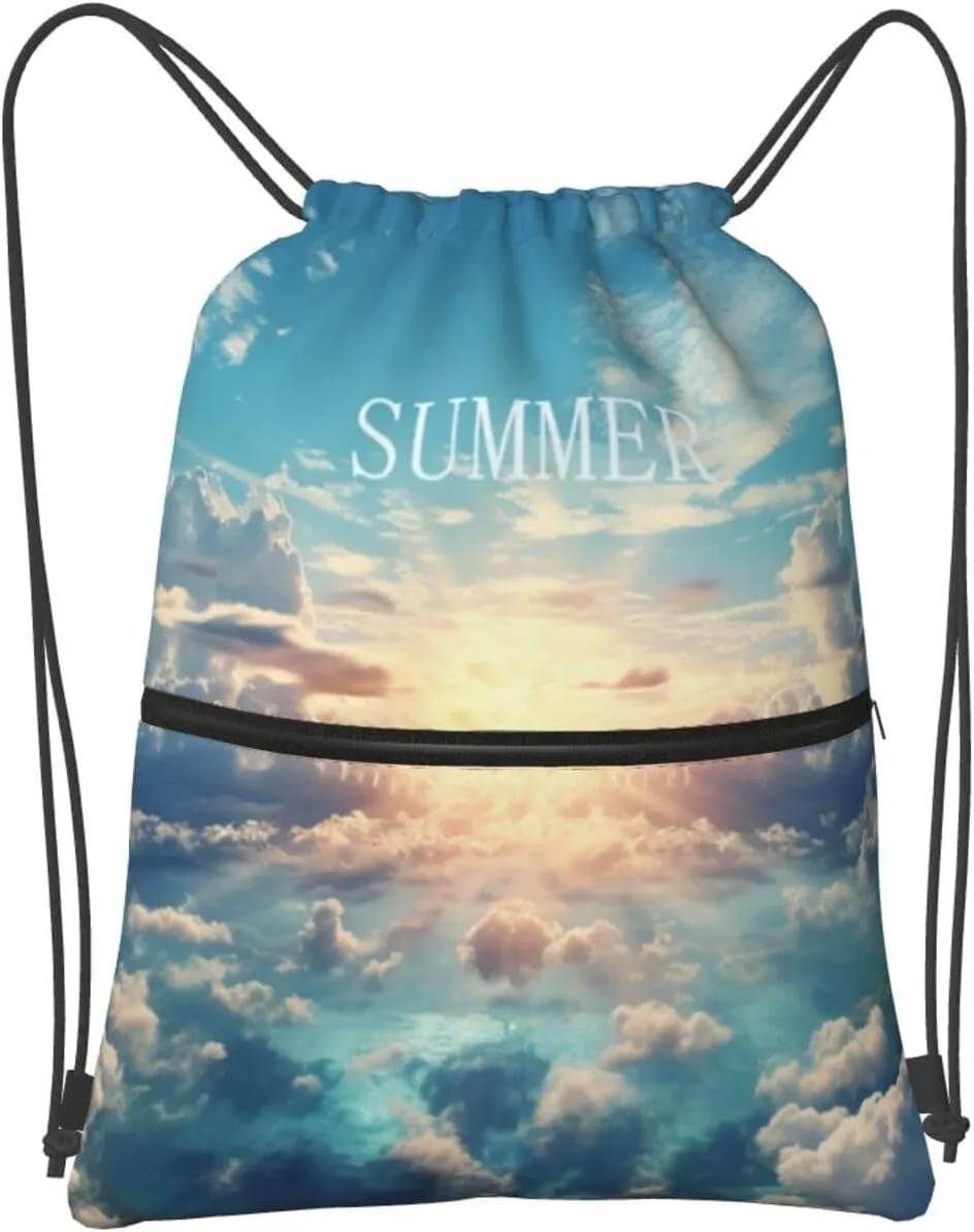 Drawstring Bag Gym Sack Drawstring Backpack Sport Gym Sack Cinch Bag Wolf Head Pattern Sport Bags for Travel, Sun and Clouds, One Size