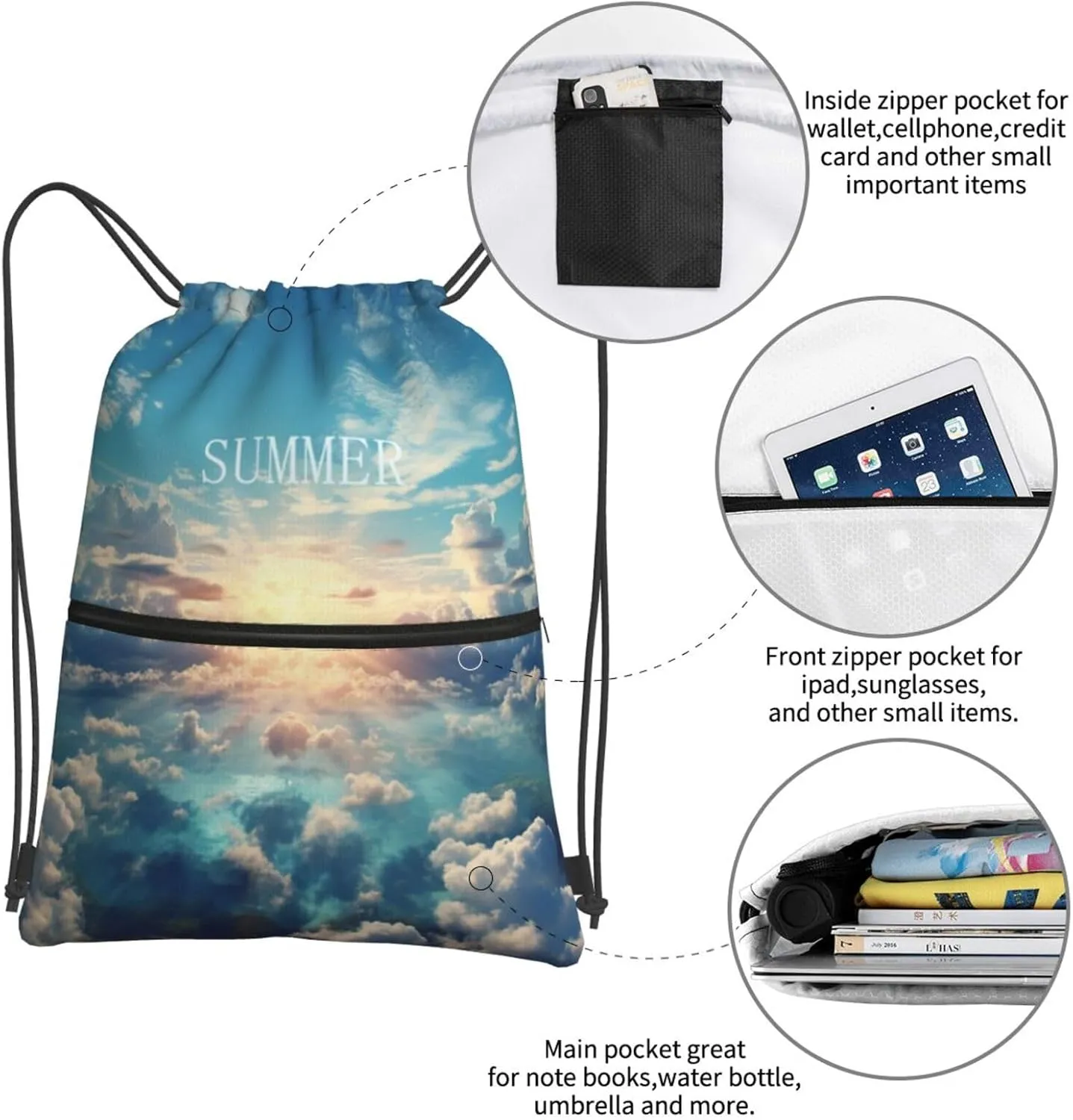 Drawstring Bag Gym Sack Drawstring Backpack Sport Gym Sack Cinch Bag Wolf Head Pattern Sport Bags for Travel, Sun and Clouds, One Size