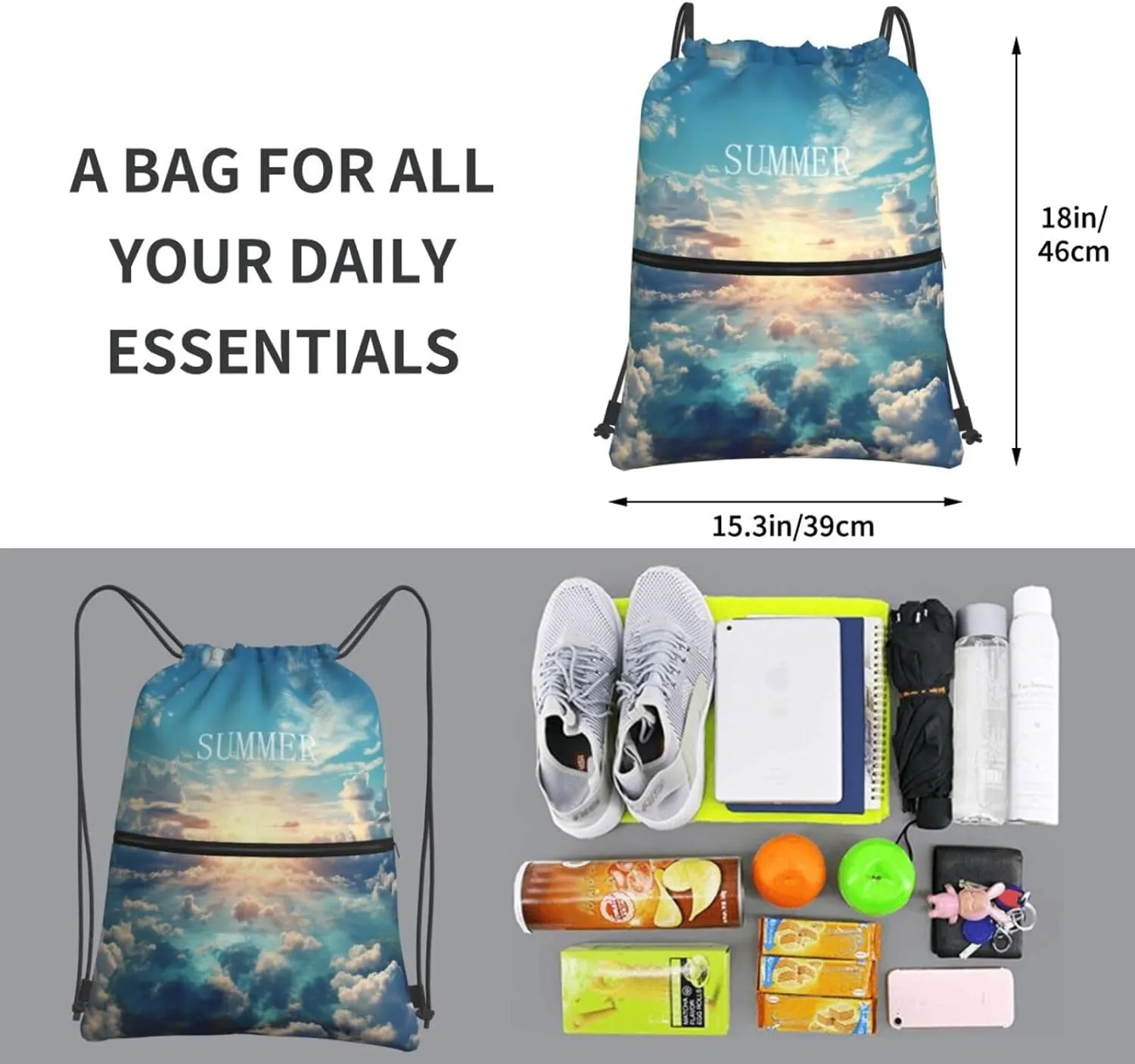 Drawstring Bag Gym Sack Drawstring Backpack Sport Gym Sack Cinch Bag Wolf Head Pattern Sport Bags for Travel, Sun and Clouds, One Size