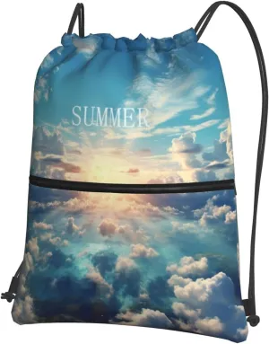 Drawstring Bag Gym Sack Drawstring Backpack Sport Gym Sack Cinch Bag Wolf Head Pattern Sport Bags for Travel, Sun and Clouds, One Size