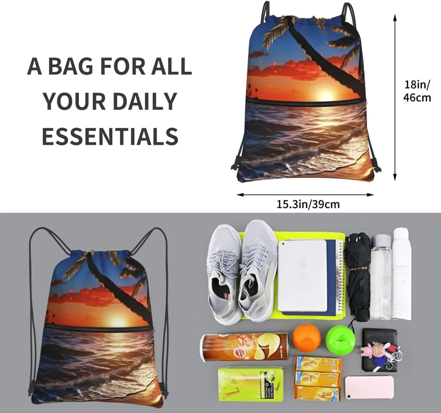 Drawstring Bag Gym Sack Drawstring Backpack Sport Gym Sack Cinch Bag Wolf Head Pattern Sport Bags for Travel, Sunset Beach, One Size