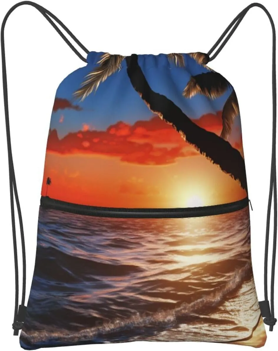 Drawstring Bag Gym Sack Drawstring Backpack Sport Gym Sack Cinch Bag Wolf Head Pattern Sport Bags for Travel, Sunset Beach, One Size