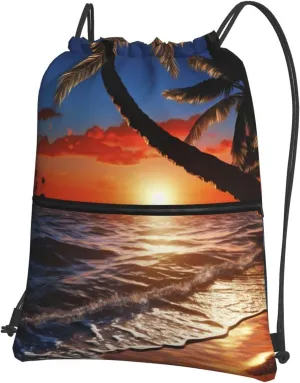 Drawstring Bag Gym Sack Drawstring Backpack Sport Gym Sack Cinch Bag Wolf Head Pattern Sport Bags for Travel, Sunset Beach, One Size