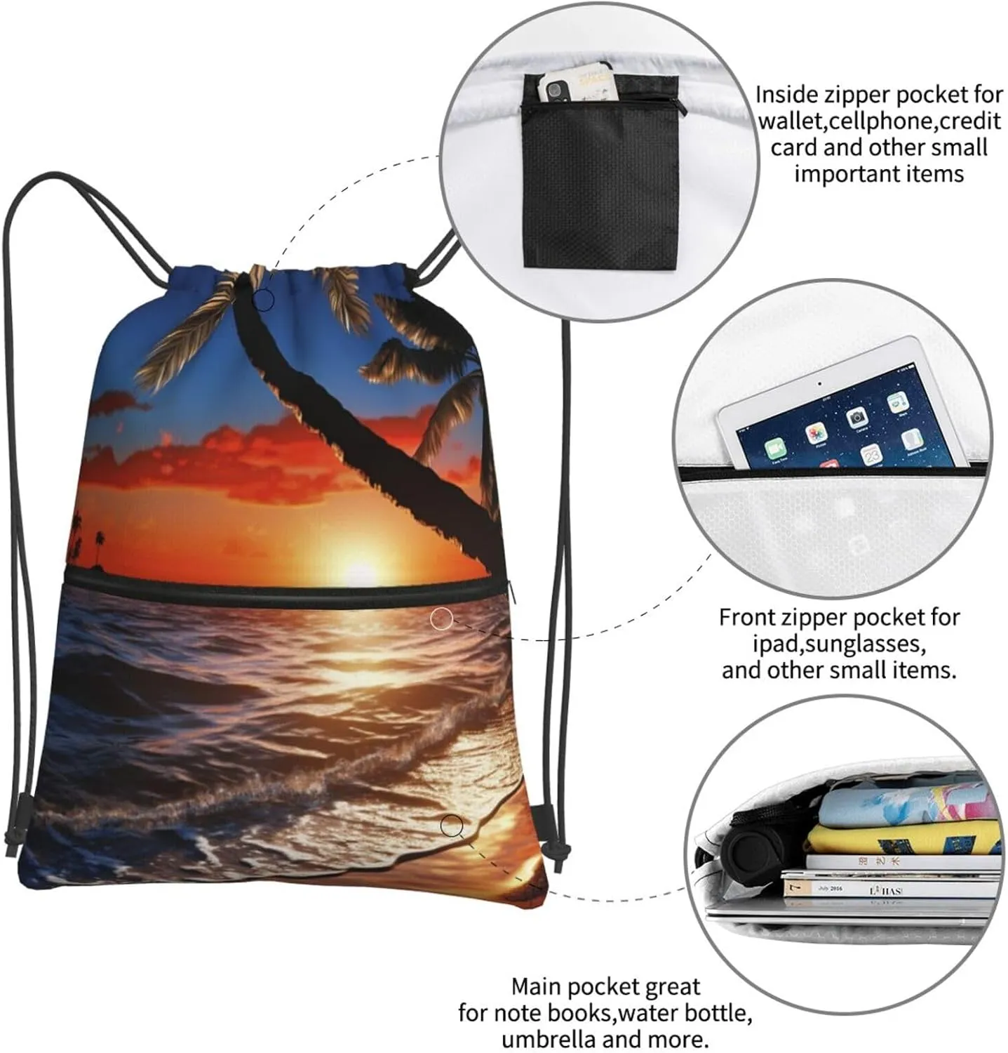Drawstring Bag Gym Sack Drawstring Backpack Sport Gym Sack Cinch Bag Wolf Head Pattern Sport Bags for Travel, Sunset Beach, One Size
