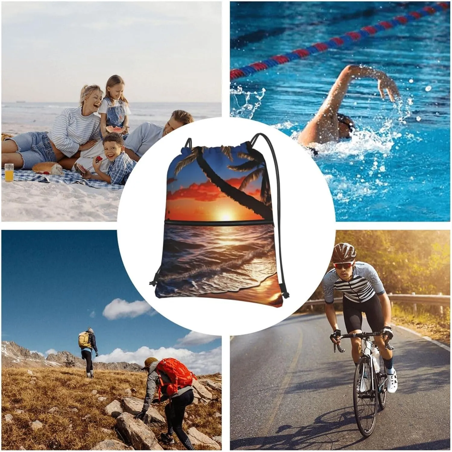 Drawstring Bag Gym Sack Drawstring Backpack Sport Gym Sack Cinch Bag Wolf Head Pattern Sport Bags for Travel, Sunset Beach, One Size