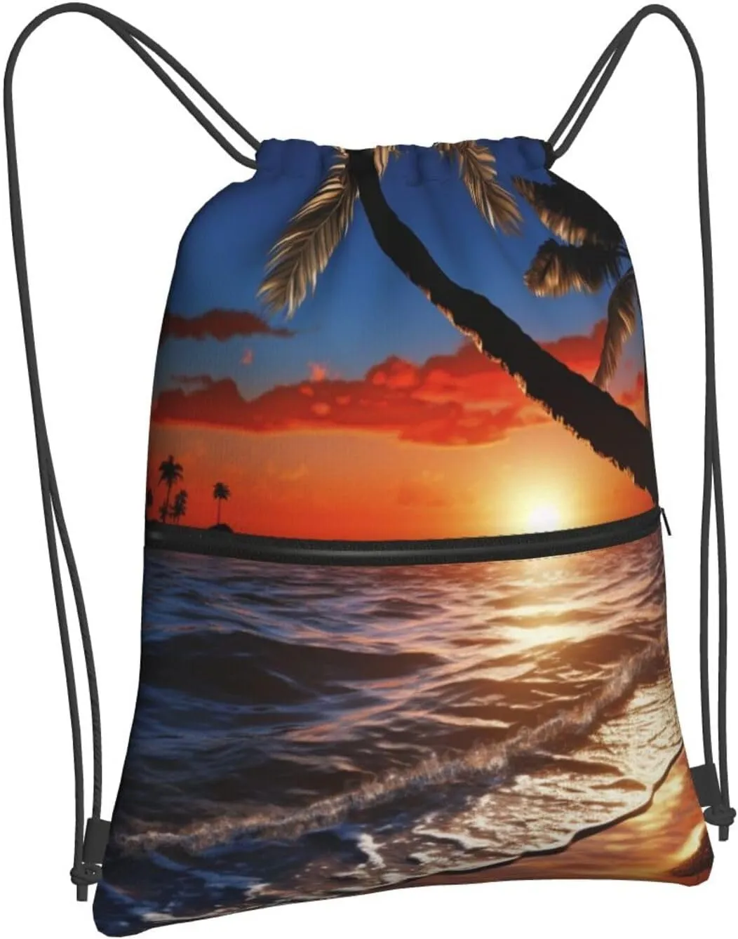 Drawstring Bag Gym Sack Drawstring Backpack Sport Gym Sack Cinch Bag Wolf Head Pattern Sport Bags for Travel, Sunset Beach, One Size