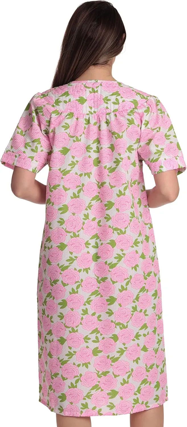 Dreamcrest Short Sleeve Seersucker Duster Snap-Front House Coat with Pockets