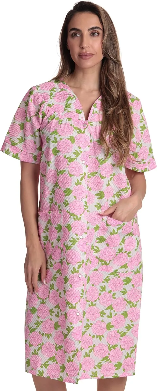 Dreamcrest Short Sleeve Seersucker Duster Snap-Front House Coat with Pockets