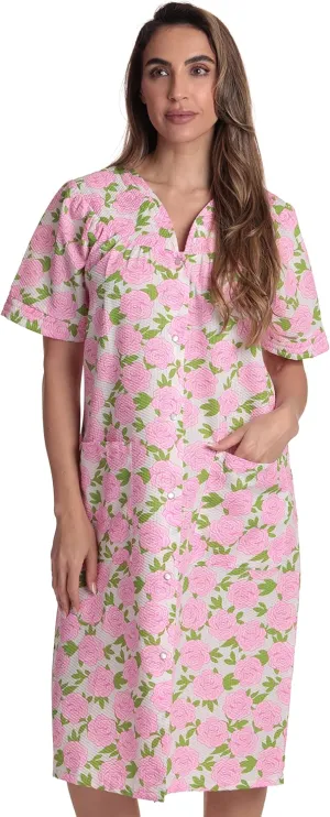 Dreamcrest Short Sleeve Seersucker Duster Snap-Front House Coat with Pockets