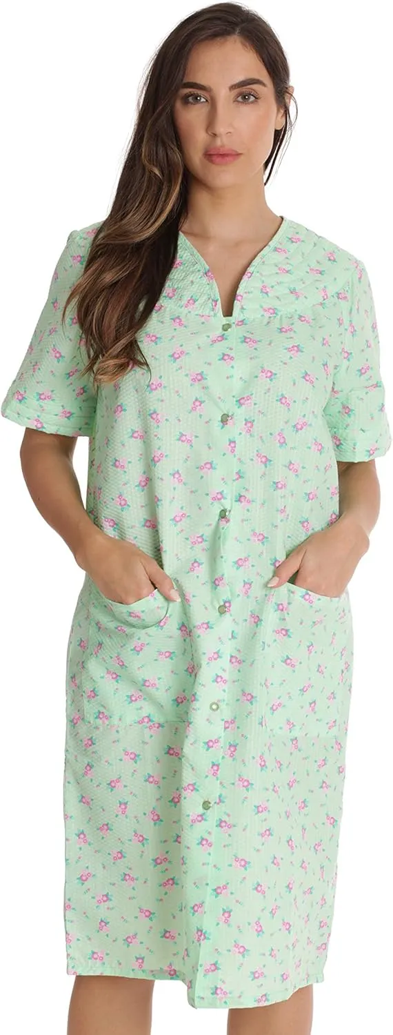 Dreamcrest Short Sleeve Seersucker Duster Snap-Front House Coat with Pockets
