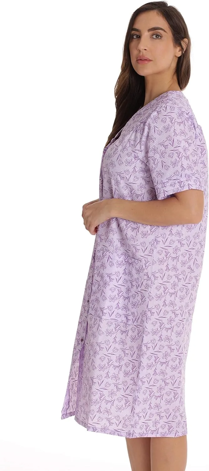 Dreamcrest Short Sleeve Seersucker Duster Snap-Front House Coat with Pockets