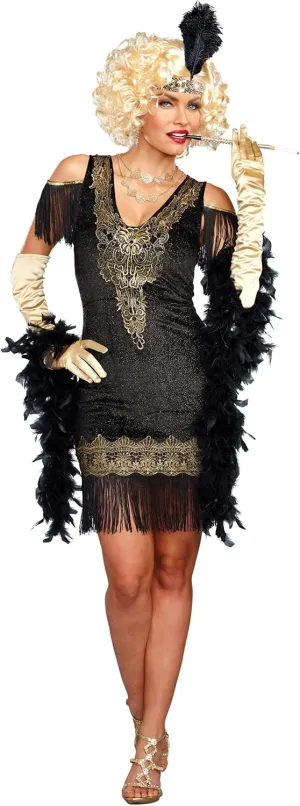 Dreamgirl Adult Womens Flapper Dress Costume, 20s Great Gatsby, Swanky Flapper Halloween Costume, Black/Gold