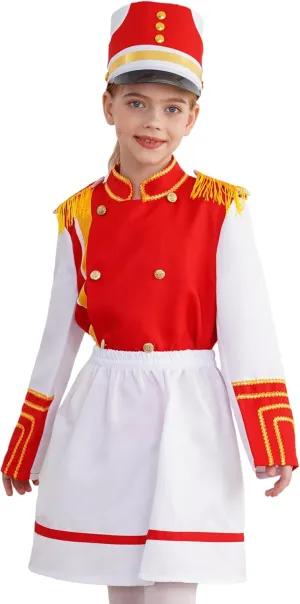 Drum Majorette Costume for Kids Girls Marching Band Uniform Royal Guard Jacket Coat with Skirt Cap Set