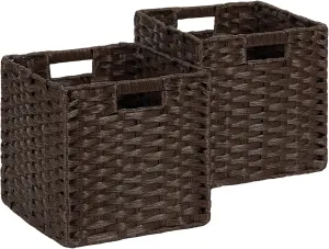 DULLEMELO Wicker Storage Bins 11x11 Storage Cubes for Organizing Plastic Woven Baskets for Storage Set of 2 Waterproof Woven Storage Cube Organizer for Pantry Closet Set of 2 - Deep Coffee