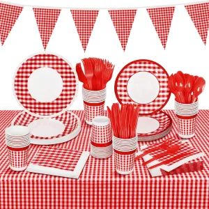 durony 146 Piece Red and White Plaid Gingham Party Supplies Tableware Set Disposable Paper Plates Napkins Cups Cutlery Spoons Tablecloth Banner for Picnic Decorations Birthday Party Family Dinner