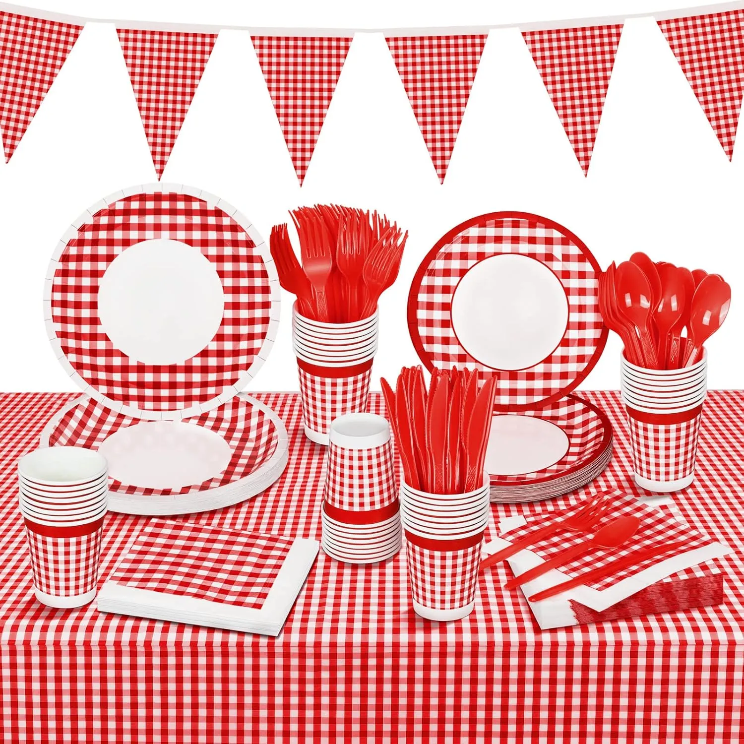 durony 146 Piece Red and White Plaid Gingham Party Supplies Tableware Set Disposable Paper Plates Napkins Cups Cutlery Spoons Tablecloth Banner for Picnic Decorations Birthday Party Family Dinner