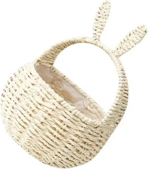 Easter Bunny Woven Basket for Party Favors, Handmade Straw Wicker Easter Candy Eggs Baskets for Kids, Cute Rabbit Picnic Hamper for Egg Hunt Party Toy