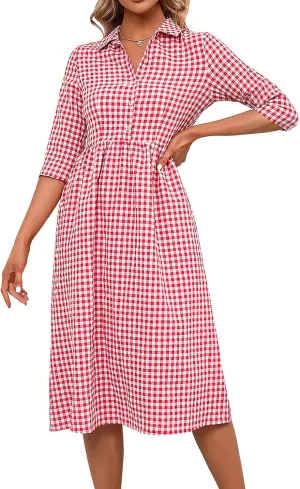 ebossy Women's Retro Plaid Shirt Dress Buttoned Half Sleeve Elegant Slim Mid Long Tunic Dresses