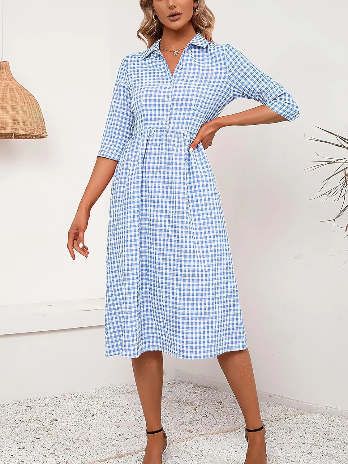 ebossy Women's Retro Plaid Shirt Dress Buttoned Half Sleeve Elegant Slim Mid Long Tunic Dresses