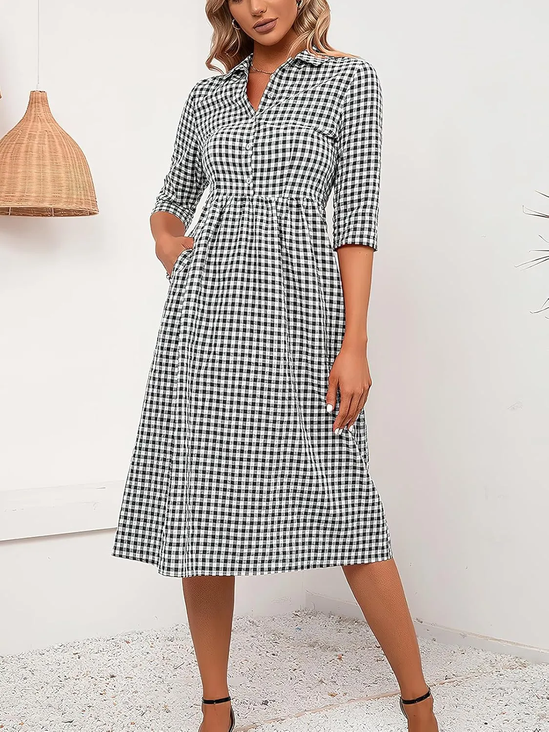 ebossy Women's Retro Plaid Shirt Dress Buttoned Half Sleeve Elegant Slim Mid Long Tunic Dresses