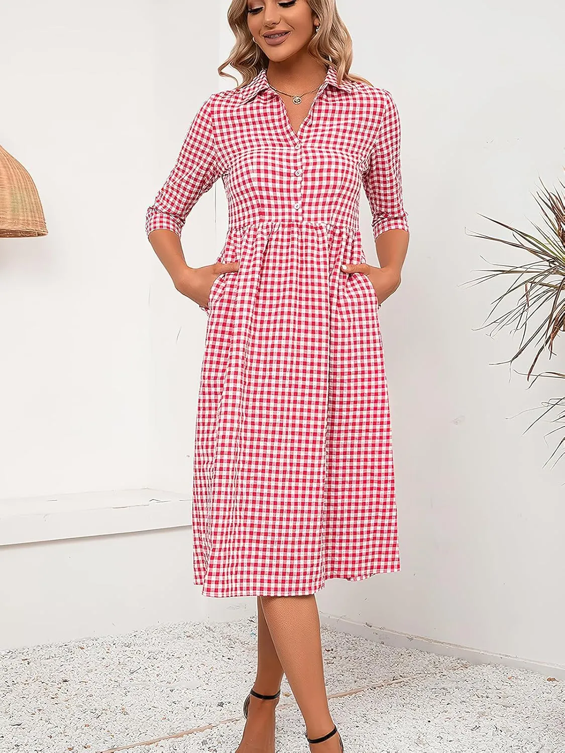 ebossy Women's Retro Plaid Shirt Dress Buttoned Half Sleeve Elegant Slim Mid Long Tunic Dresses