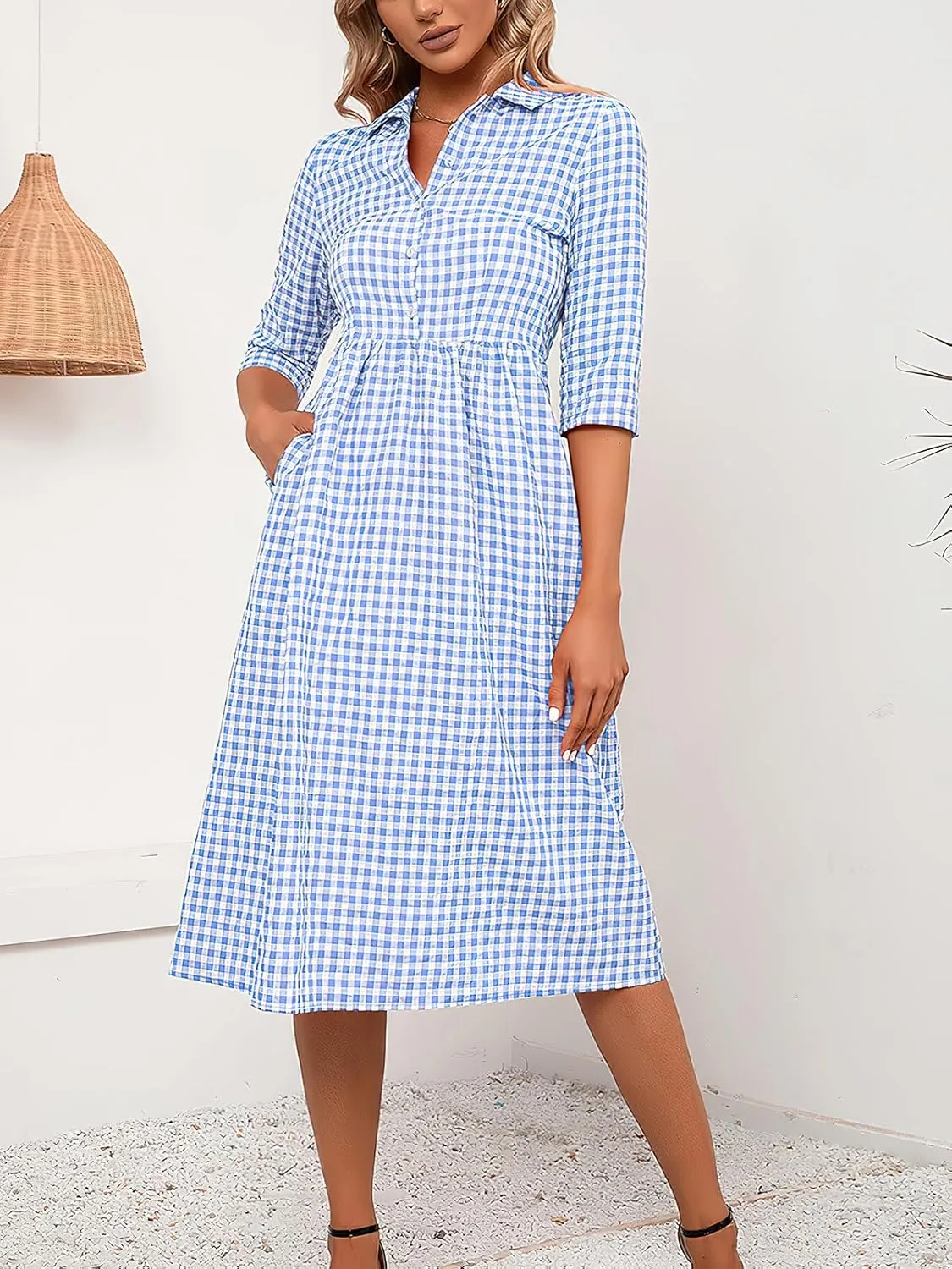 ebossy Women's Retro Plaid Shirt Dress Buttoned Half Sleeve Elegant Slim Mid Long Tunic Dresses