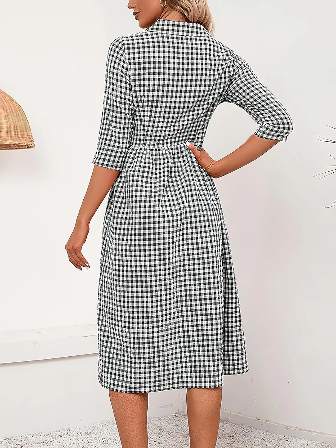 ebossy Women's Retro Plaid Shirt Dress Buttoned Half Sleeve Elegant Slim Mid Long Tunic Dresses