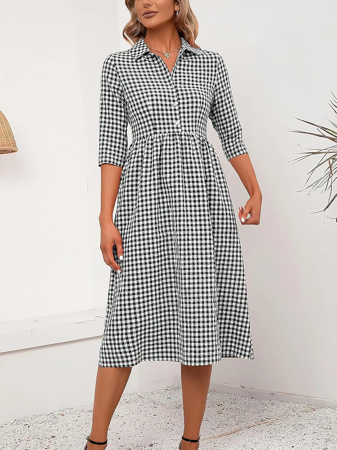 ebossy Women's Retro Plaid Shirt Dress Buttoned Half Sleeve Elegant Slim Mid Long Tunic Dresses
