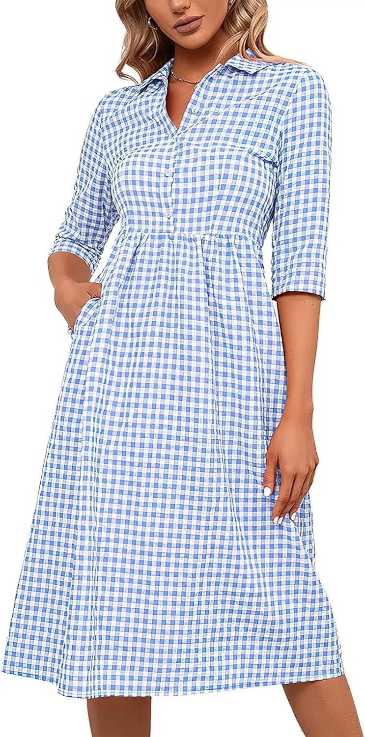 ebossy Women's Retro Plaid Shirt Dress Buttoned Half Sleeve Elegant Slim Mid Long Tunic Dresses