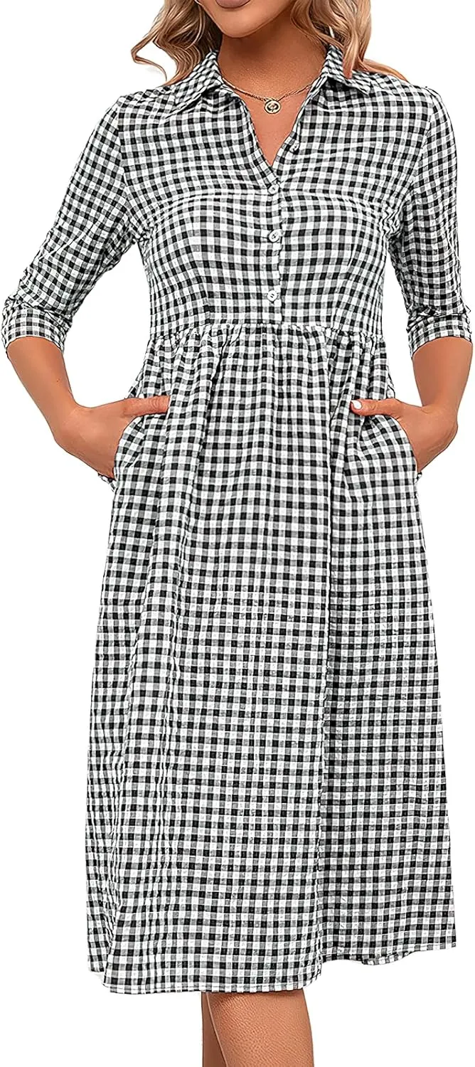 ebossy Women's Retro Plaid Shirt Dress Buttoned Half Sleeve Elegant Slim Mid Long Tunic Dresses