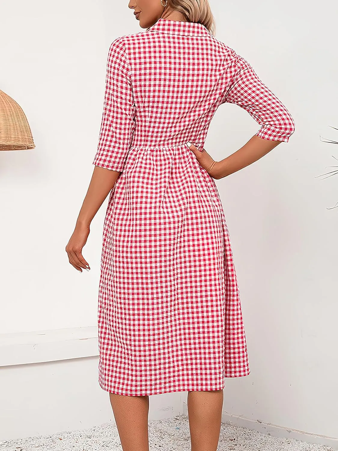 ebossy Women's Retro Plaid Shirt Dress Buttoned Half Sleeve Elegant Slim Mid Long Tunic Dresses