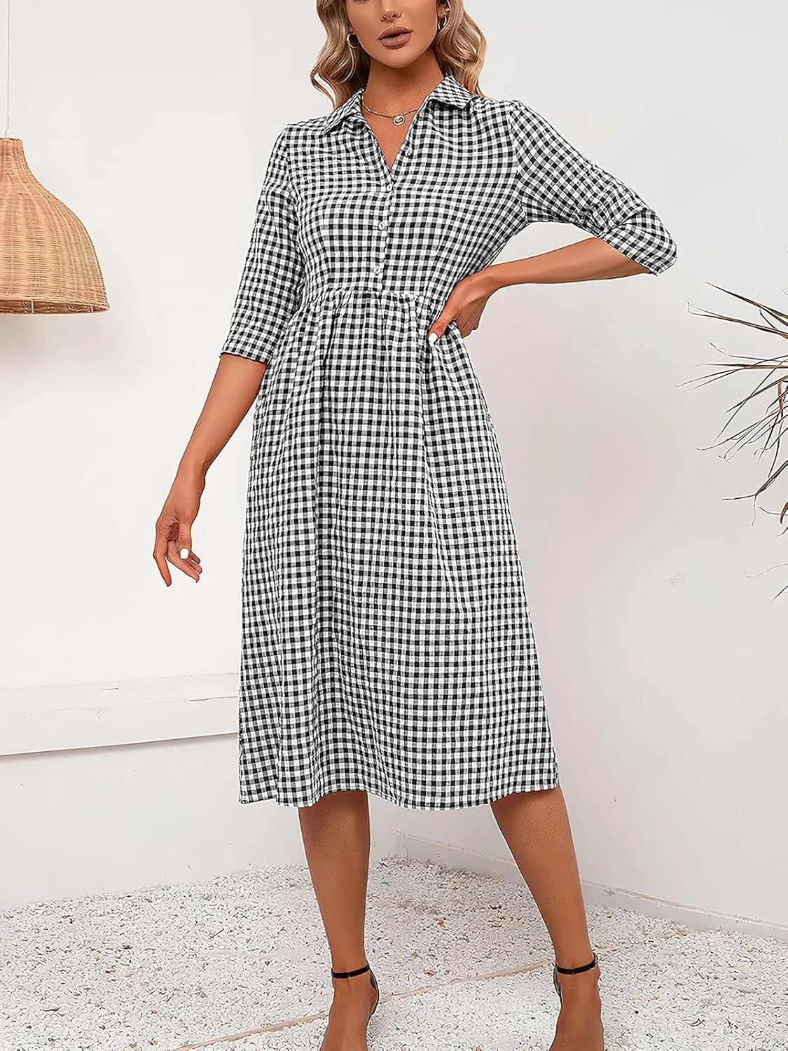 ebossy Women's Retro Plaid Shirt Dress Buttoned Half Sleeve Elegant Slim Mid Long Tunic Dresses