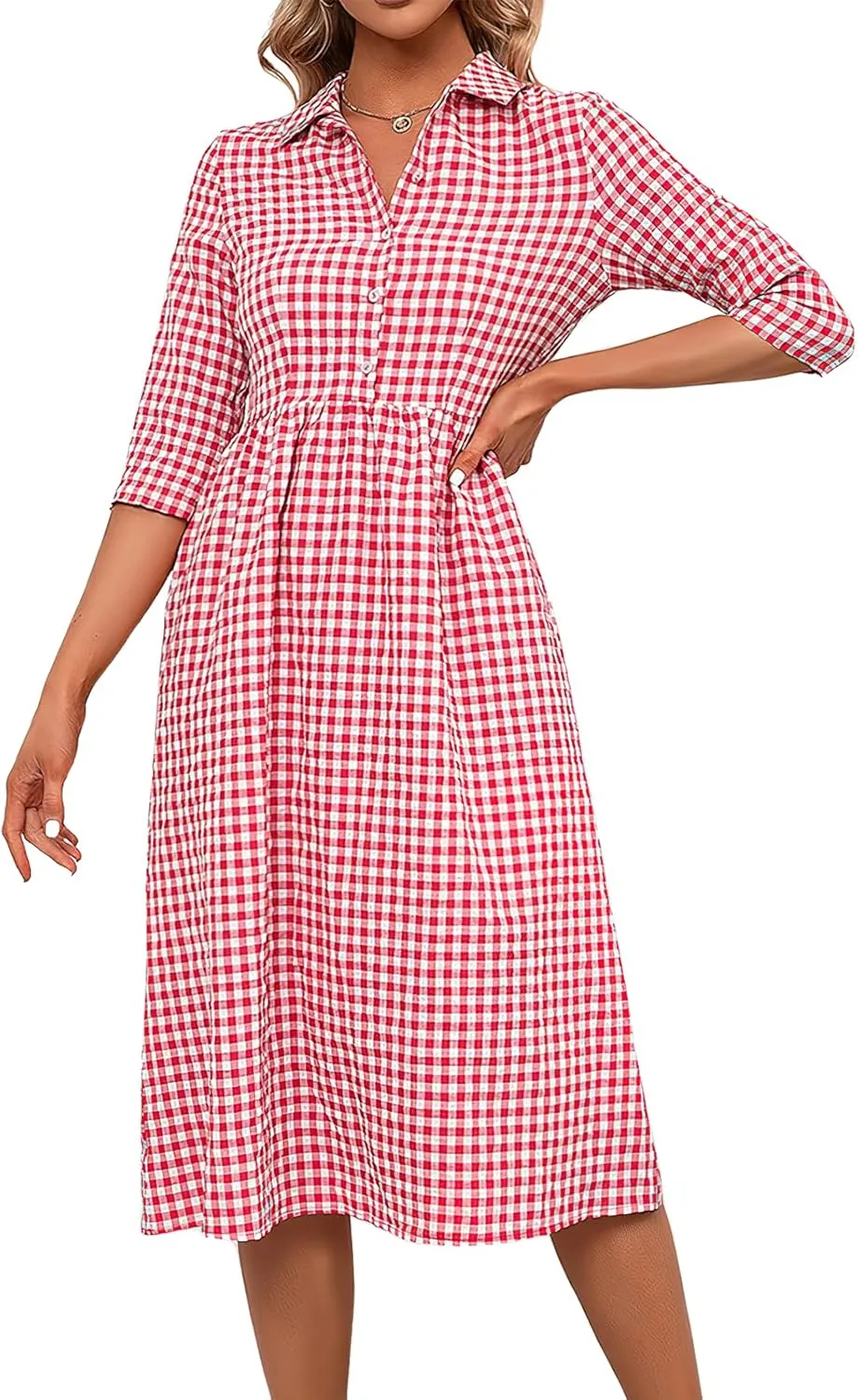 ebossy Women's Retro Plaid Shirt Dress Buttoned Half Sleeve Elegant Slim Mid Long Tunic Dresses