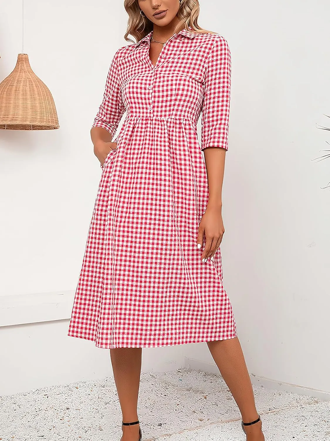 ebossy Women's Retro Plaid Shirt Dress Buttoned Half Sleeve Elegant Slim Mid Long Tunic Dresses