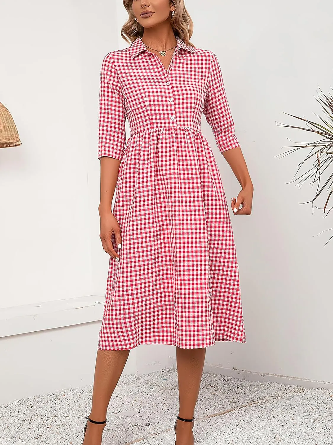 ebossy Women's Retro Plaid Shirt Dress Buttoned Half Sleeve Elegant Slim Mid Long Tunic Dresses