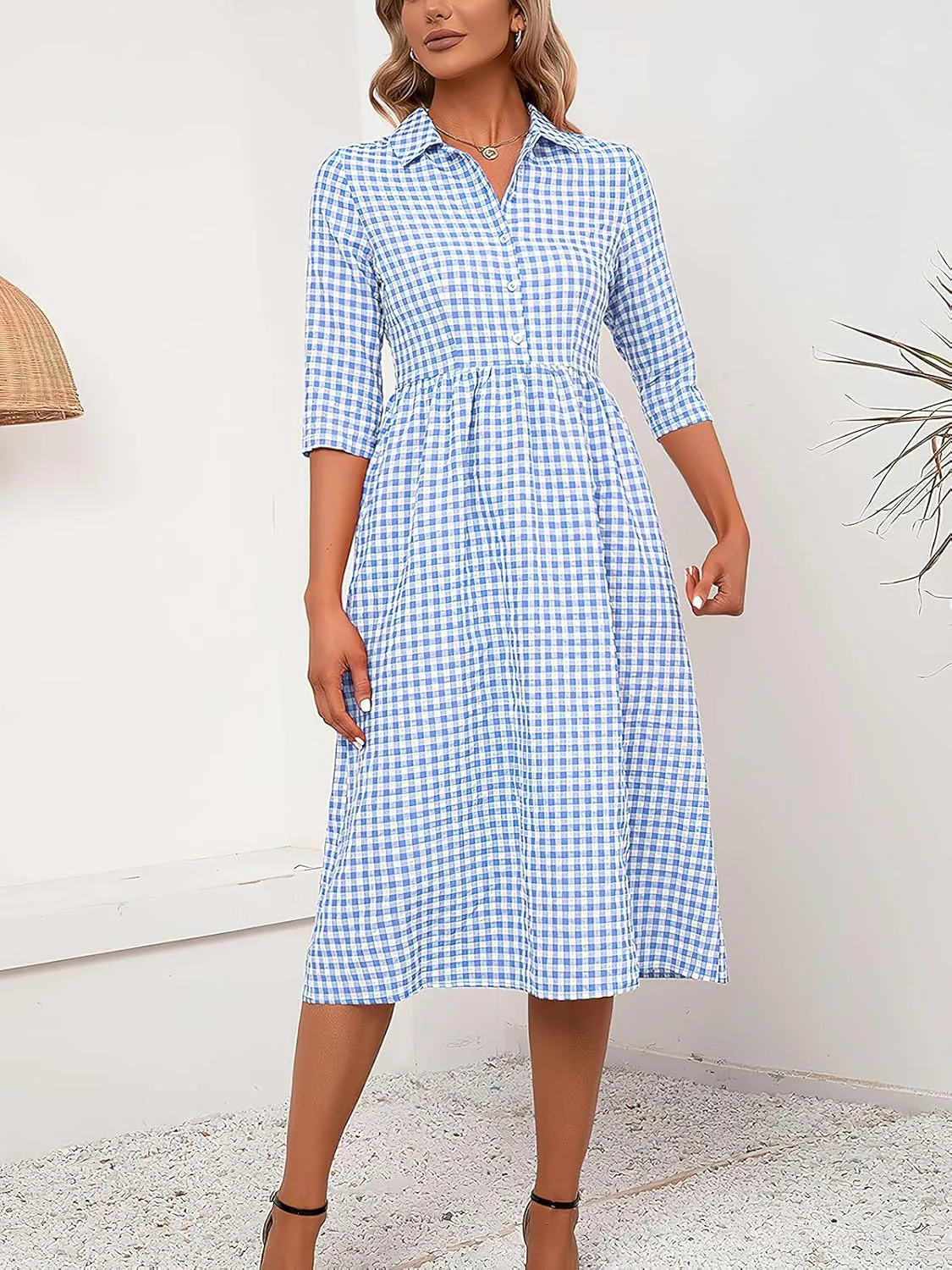 ebossy Women's Retro Plaid Shirt Dress Buttoned Half Sleeve Elegant Slim Mid Long Tunic Dresses