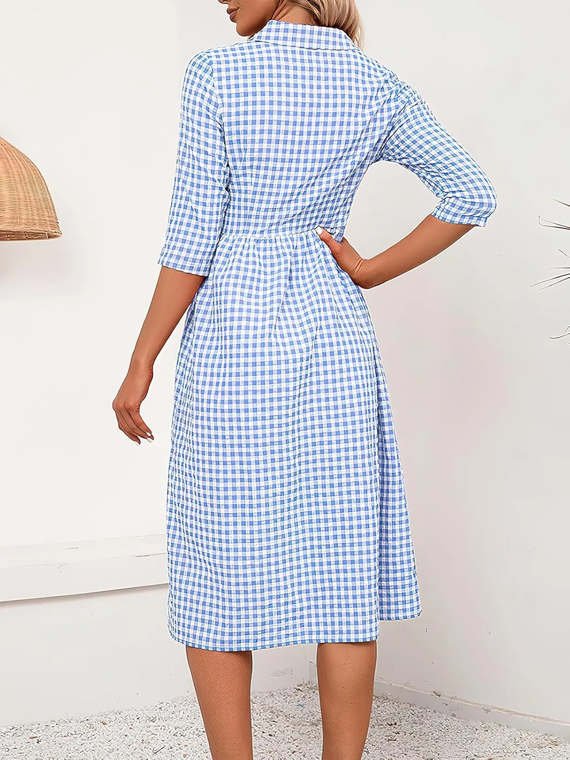 ebossy Women's Retro Plaid Shirt Dress Buttoned Half Sleeve Elegant Slim Mid Long Tunic Dresses